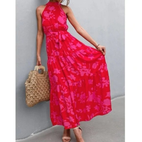 red pink floral print belted halter maxi dress -  Boho - Picture 2 of 11